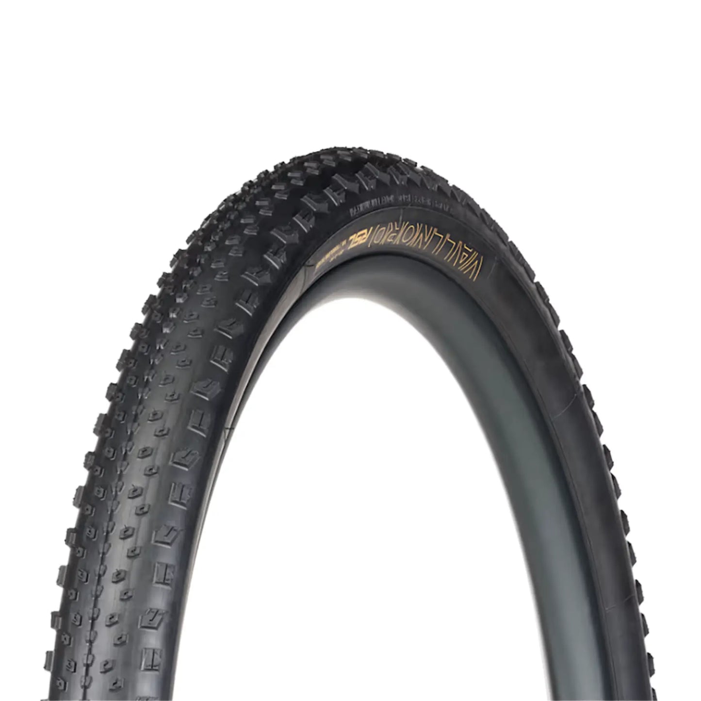 Angled side profile of the Bontrager Vallnord RSL XR TLR MTB Tire 29 x 2.40 inch (61-622mm) in black against a white background.