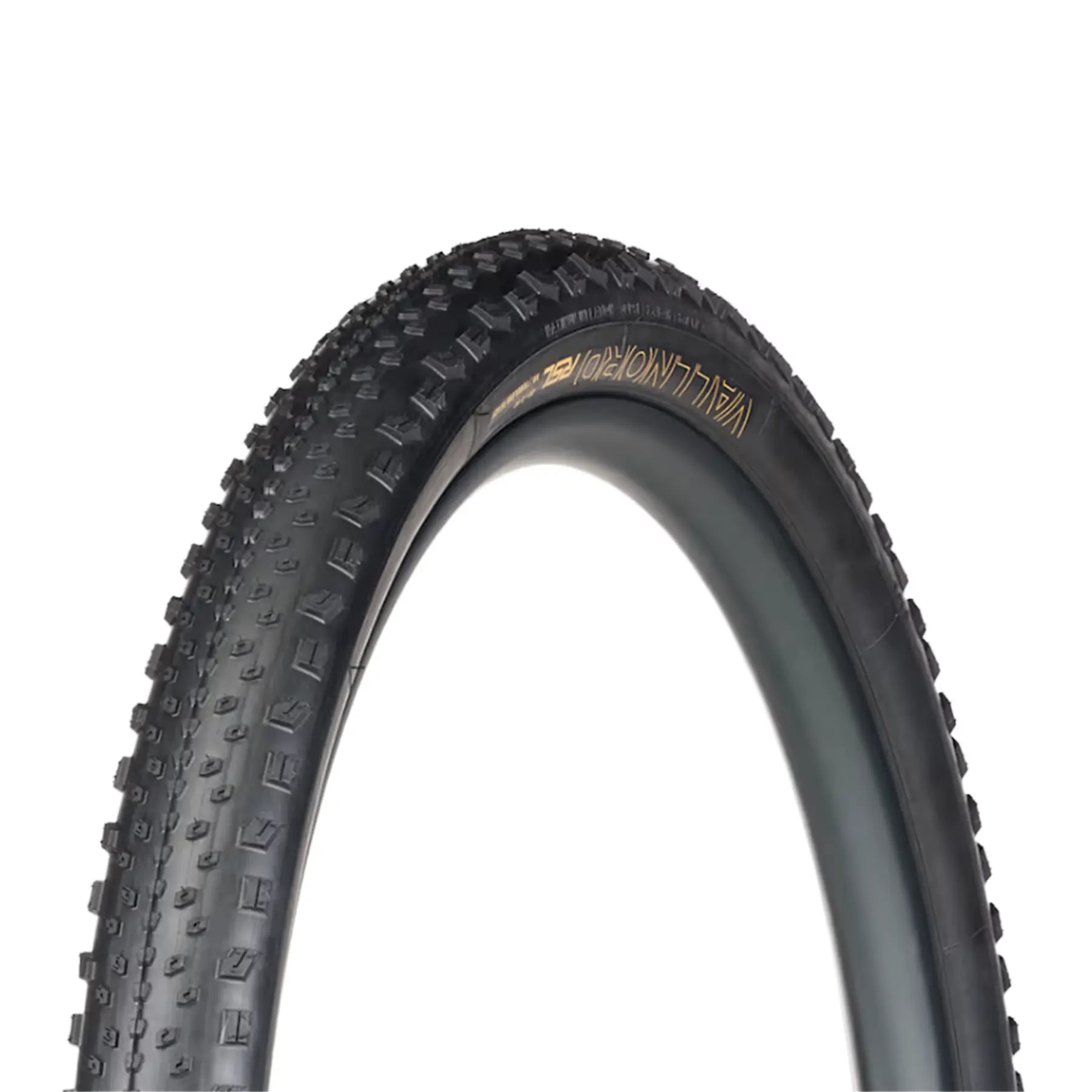 Angled side profile of the Bontrager Vallnord RSL XR TLR MTB Tire 29 x 2.40 inch (61-622mm) in black against a white background.