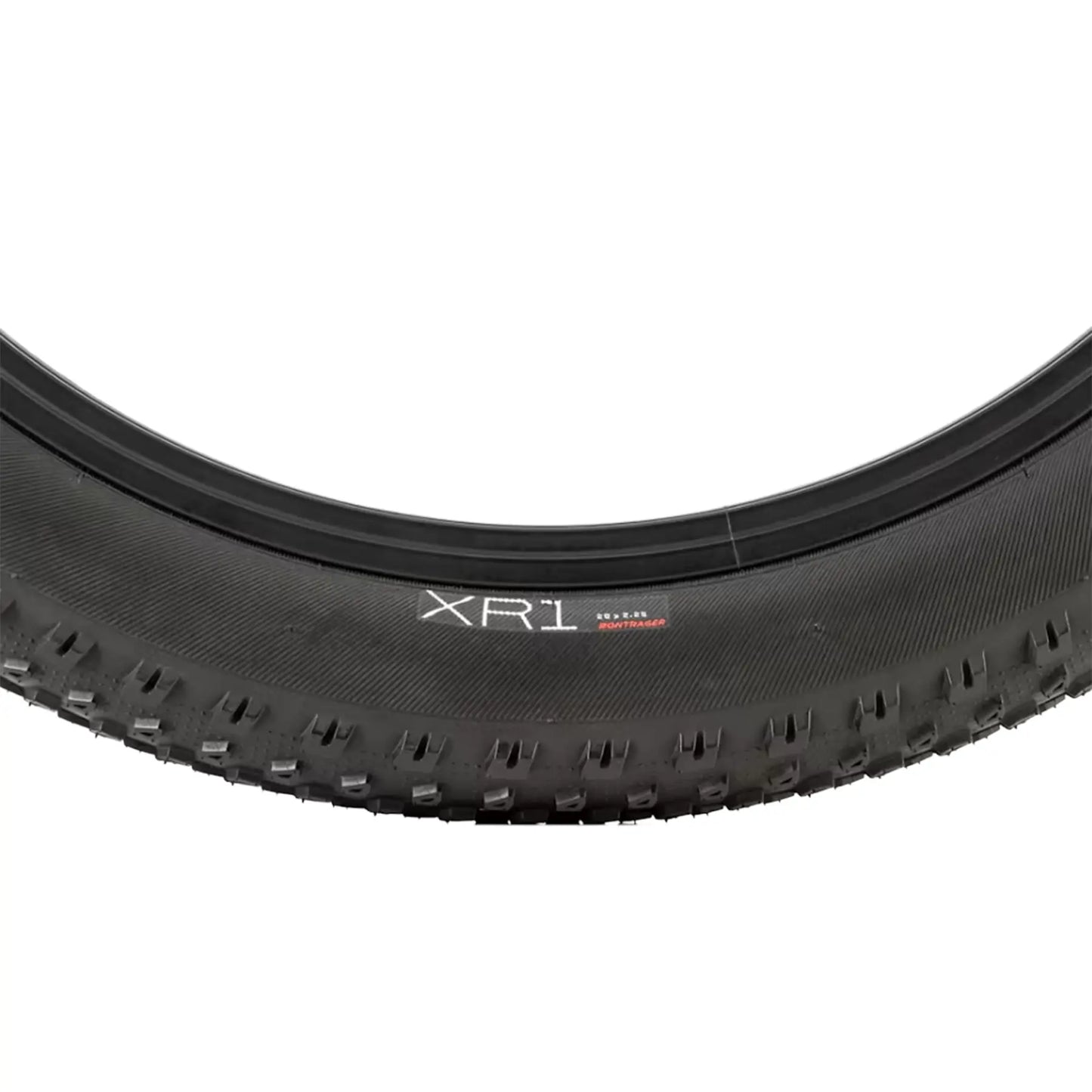 Closeup view of the side profile on the Bontrager XR1 Kids MTB Tire 20 x 2.25 inch (57-406mm) against a white background.