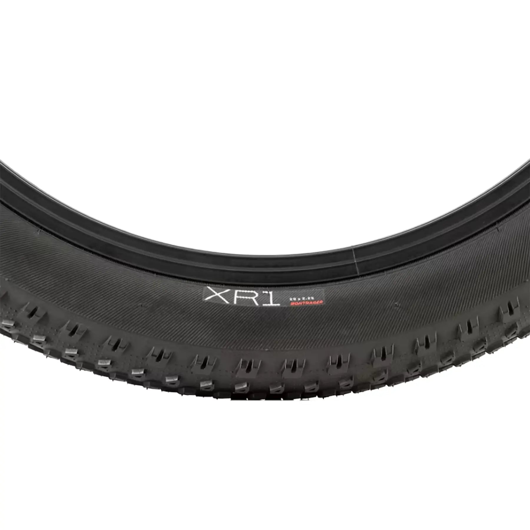 Closeup view of the side profile on the Bontrager XR1 Kids MTB Tire 20 x 2.25 inch (57-406mm) against a white background.
