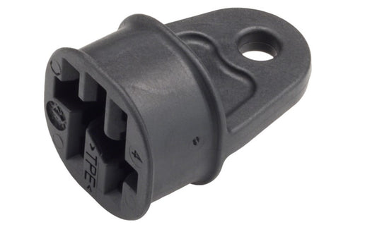 A black plastic Bosch battery port pin cover on a white background. 