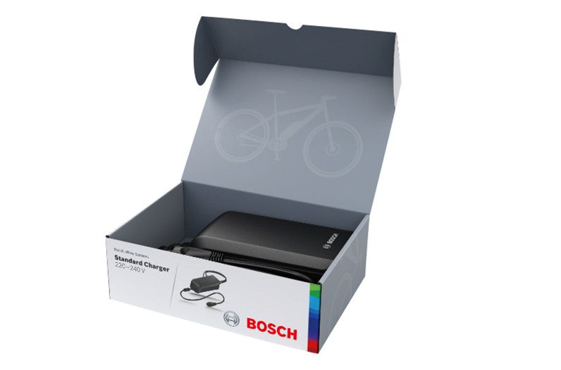 White Bosch box with black 4a charger in it on a white background. 