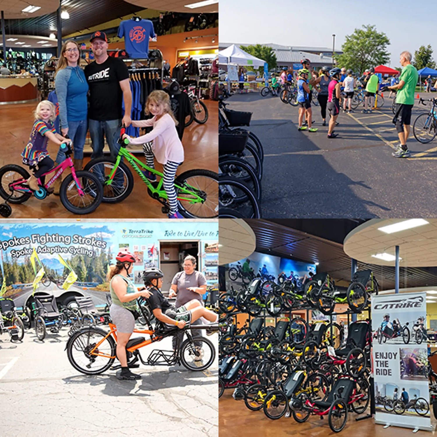 Collage of Hostel Shoppe owner, Breanna and family, the pedal point Rally and a recumbent display.