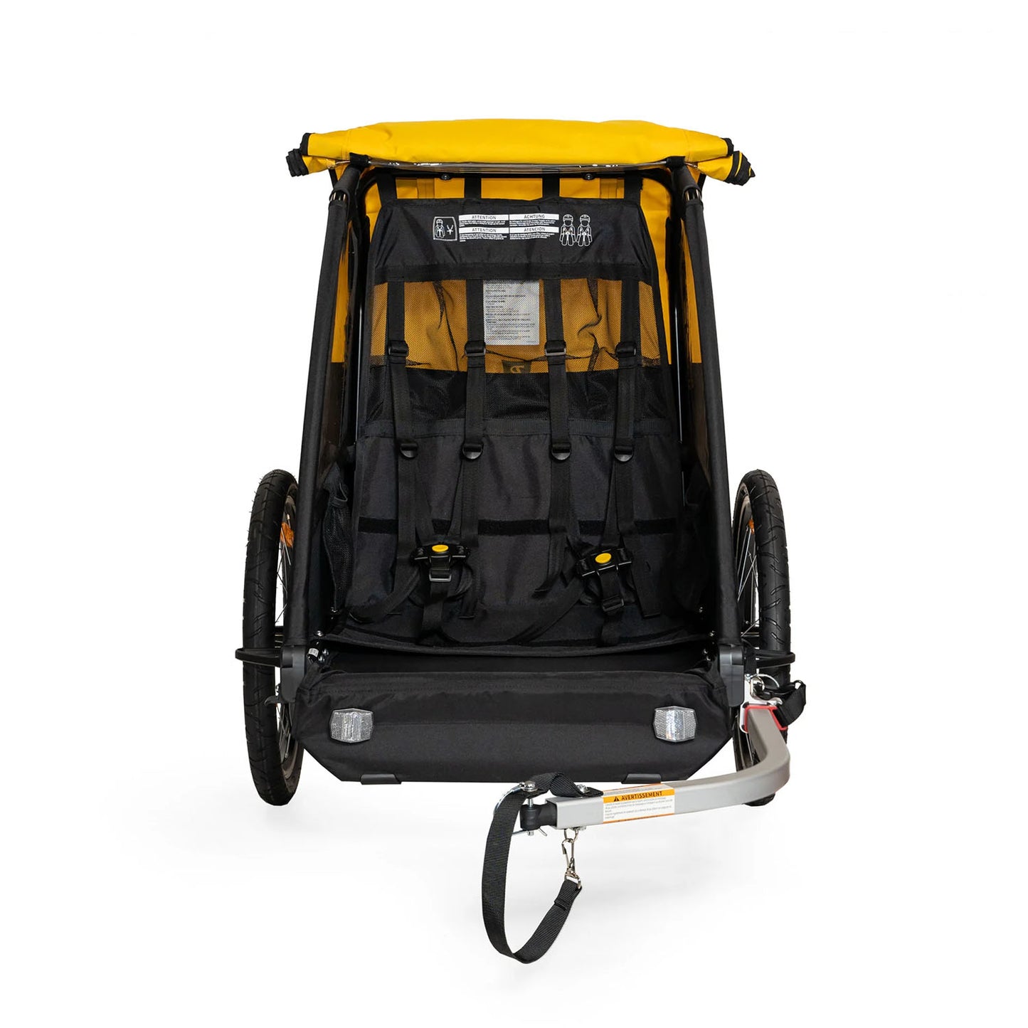 Front interior view of the Burley Bee Double Child Trailer in Yellow, on a white background.