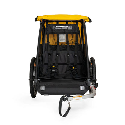 Front interior view of the Burley Bee Double Child Trailer in Yellow, on a white background.