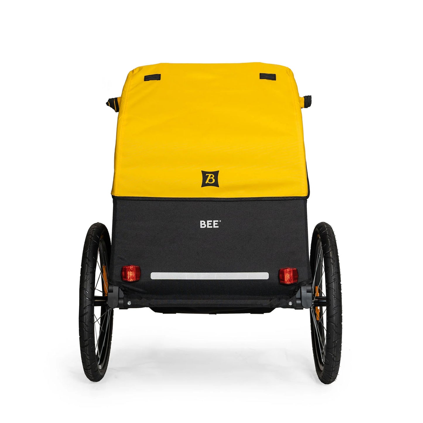 Rear view of the Burley Bee Double Child Trailer in Yellow, on a white background.