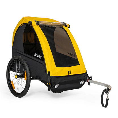 Front quarter view of the Burley Bee Double Child Trailer in Yellow, on a white background.