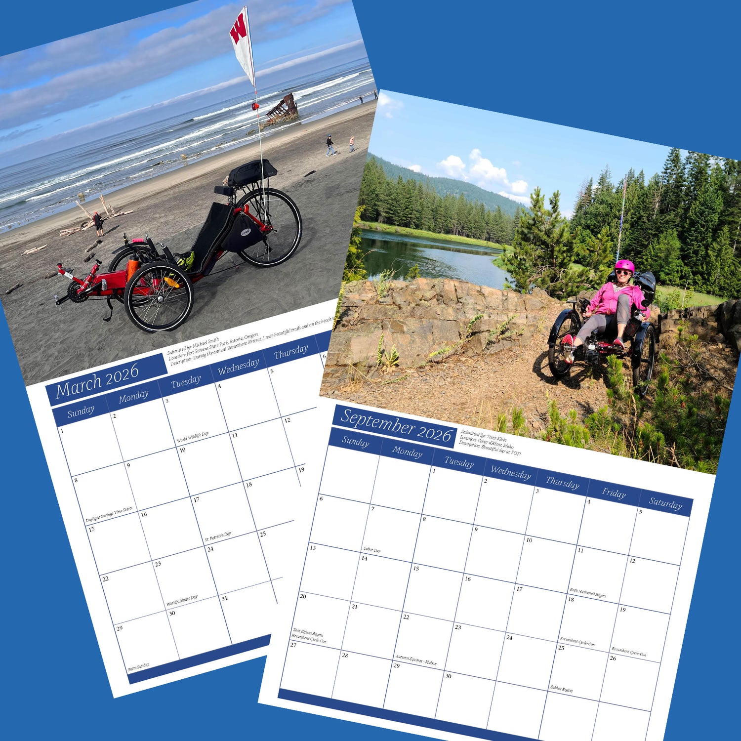 Images of recumbent riders on the recumbent calendar pages for March and September for 2026.