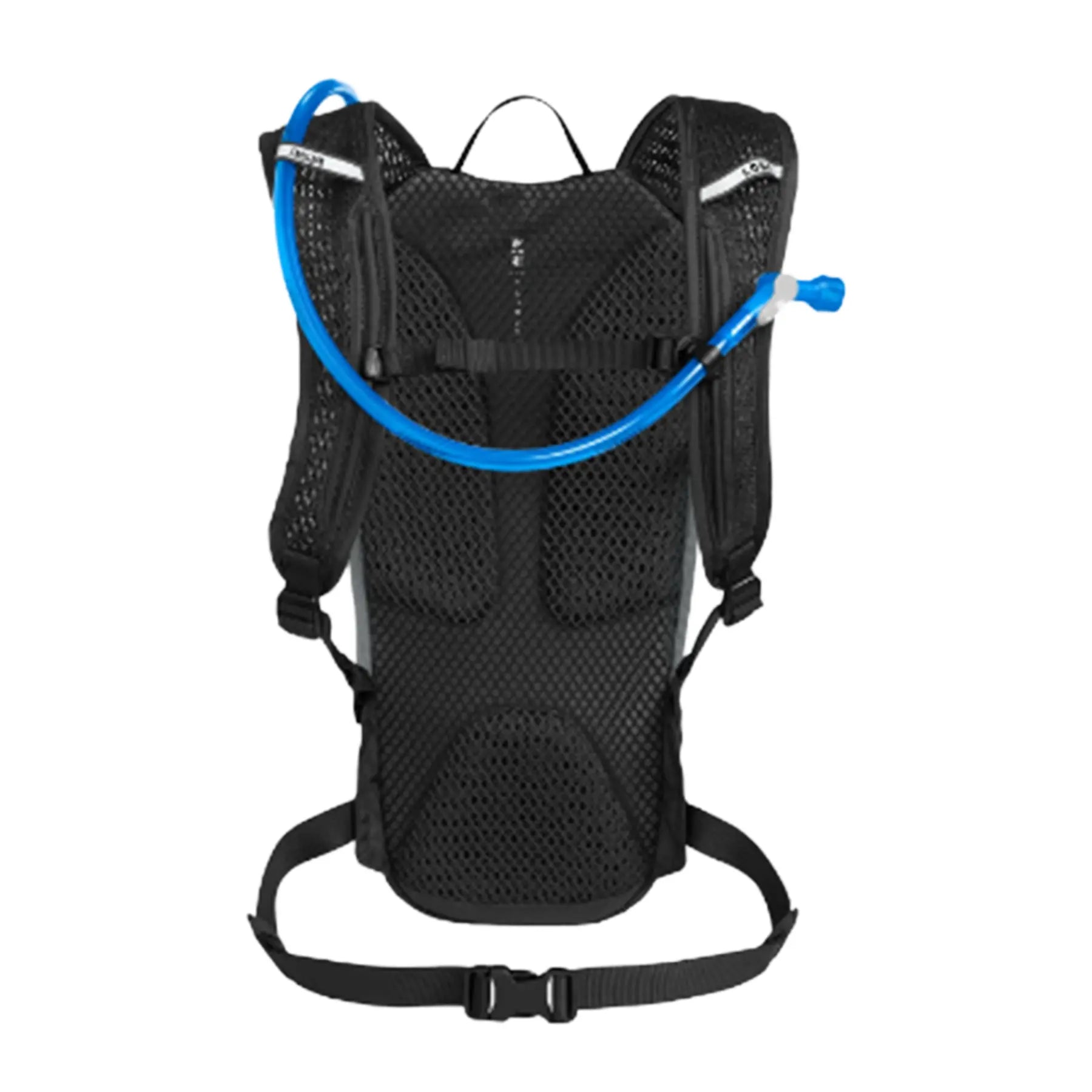 Back view of the harness on the Camelbak Lobo 9 Hydration Pack 70oz in black against a white background.