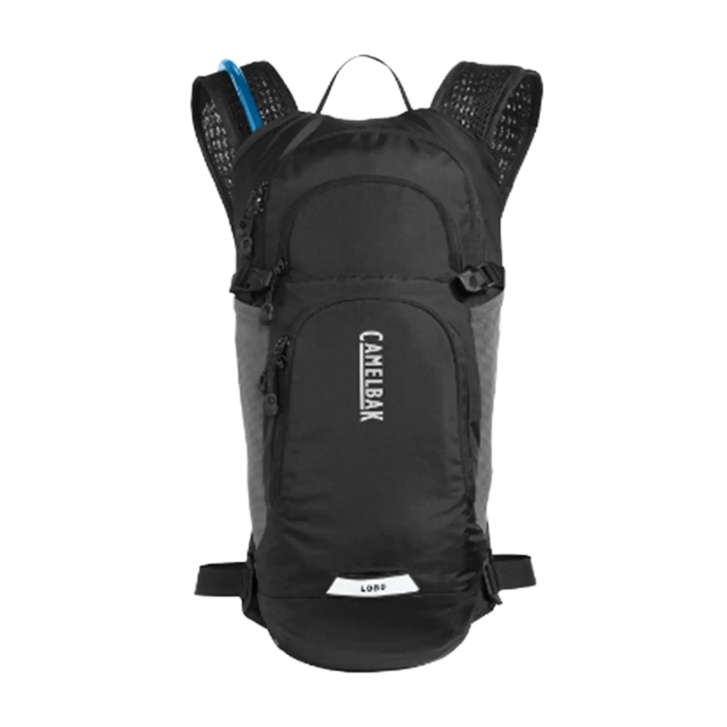 Front view of the Camelbak Lobo 9 Hydration Pack 70oz in black against a white background.