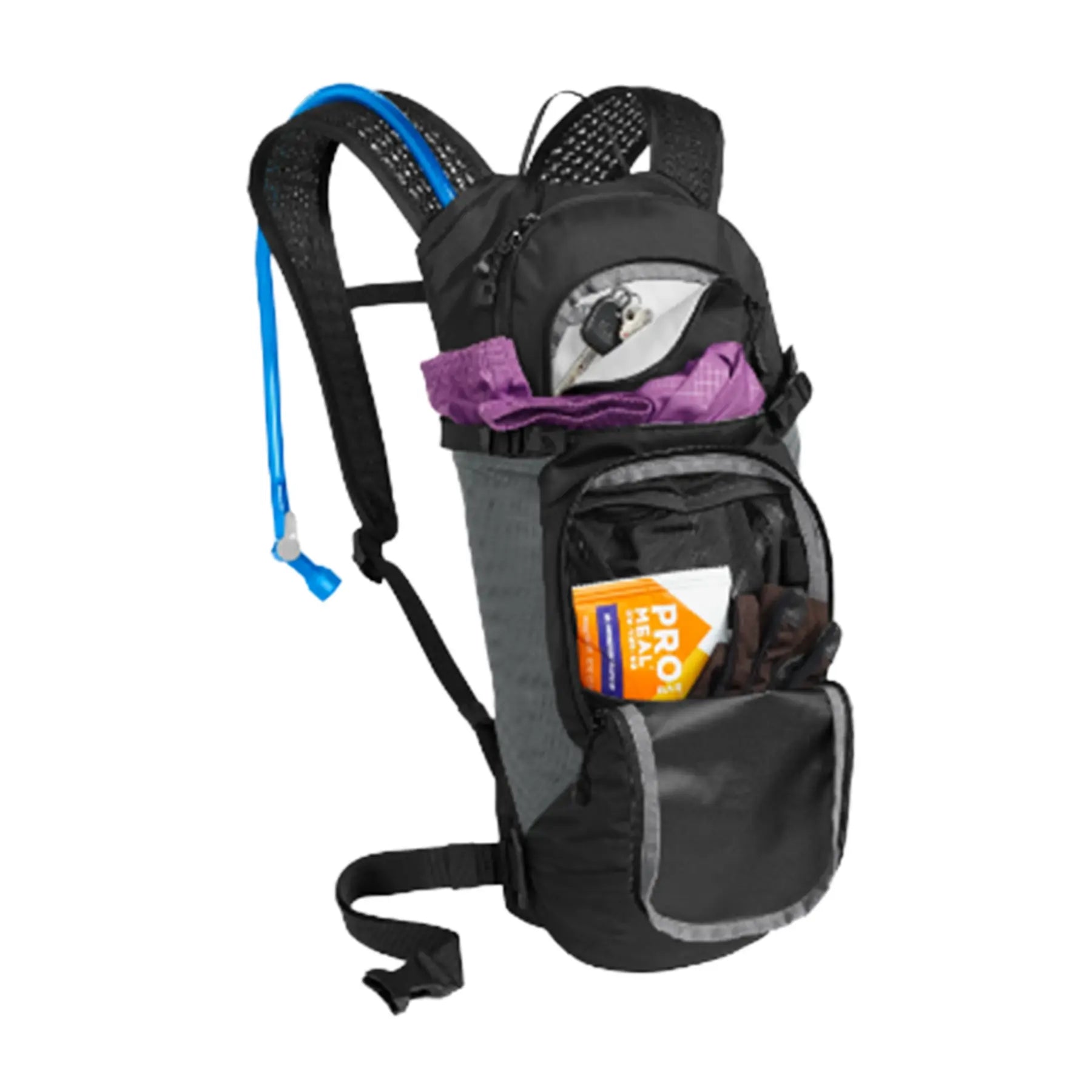 Angled front view of the Camelbak Lobo 9 Hydration Pack 70oz in black with the pouches opened and filled with gear against a white background.