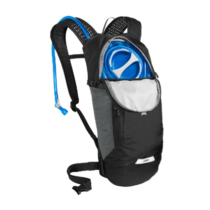 Angled front view of the Camelbak Lobo 9 Hydration Pack 70oz in black opened to show the blue hydration reservoir against a white background.