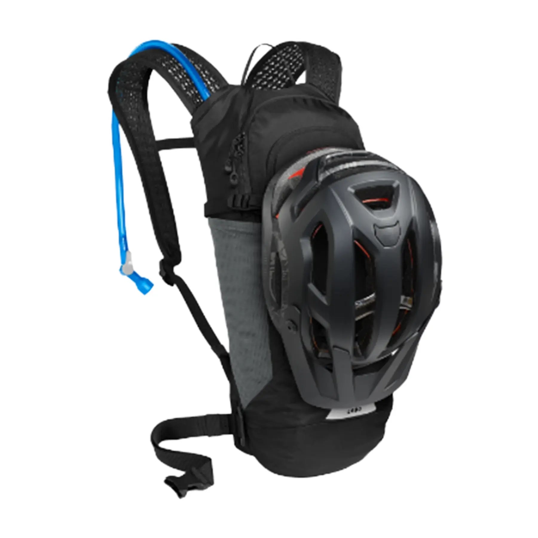 Angled front view of the Camelbak Lobo 9 Hydration Pack 70oz in black with a helmet attached to it against a white background.