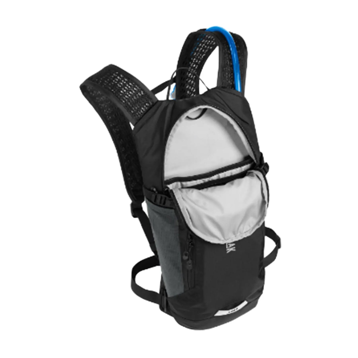 Angled front view of the Camelbak Lobo 9 Hydration Pack 70oz in black with a pouch open against a white background.