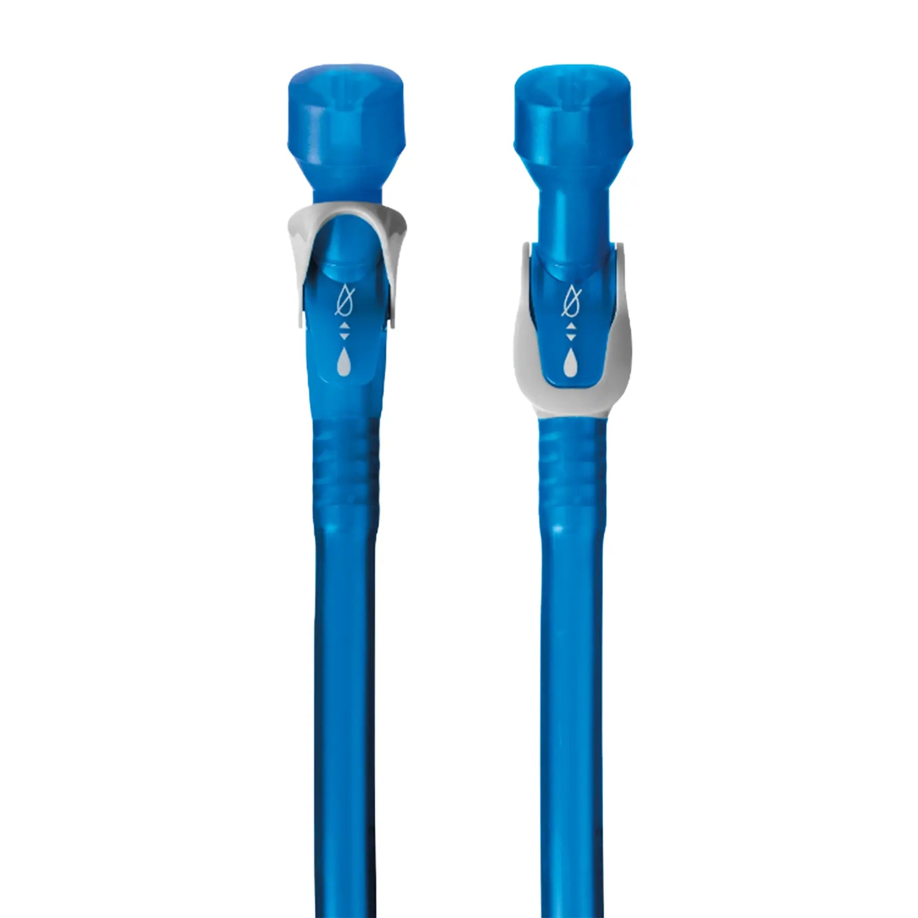 Side view of the CamelBak Reservoir On-Off Valve in blue and grey attached to the CamelBak drinking tube and Big Bite Valve against a white background.