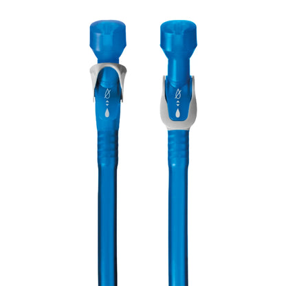 Side view of the CamelBak Reservoir On-Off Valve in blue and grey attached to the CamelBak drinking tube and Big Bite Valve against a white background.