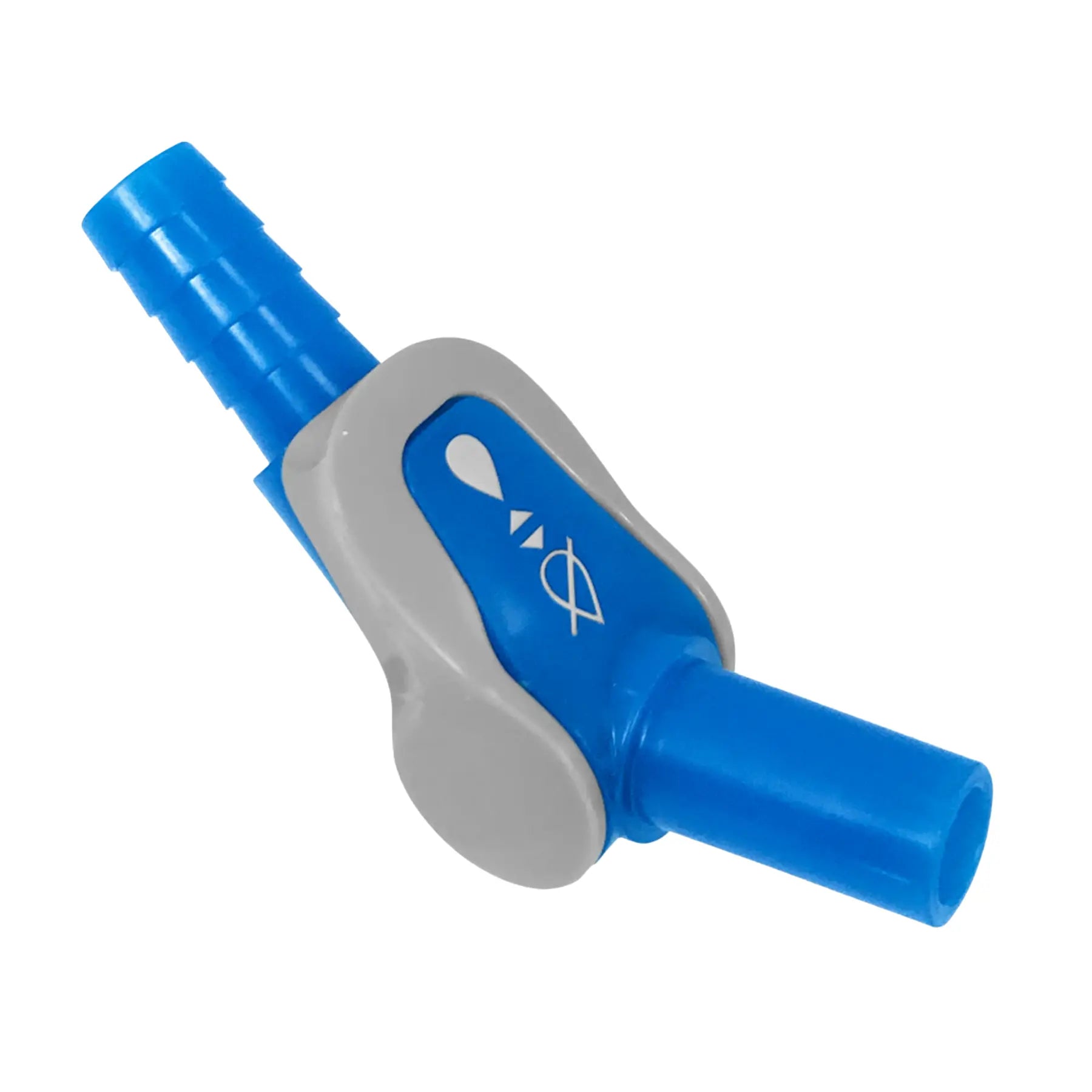 Top View of the CamelBak Reservoir On-Off Valve in blue and grey against a white background.