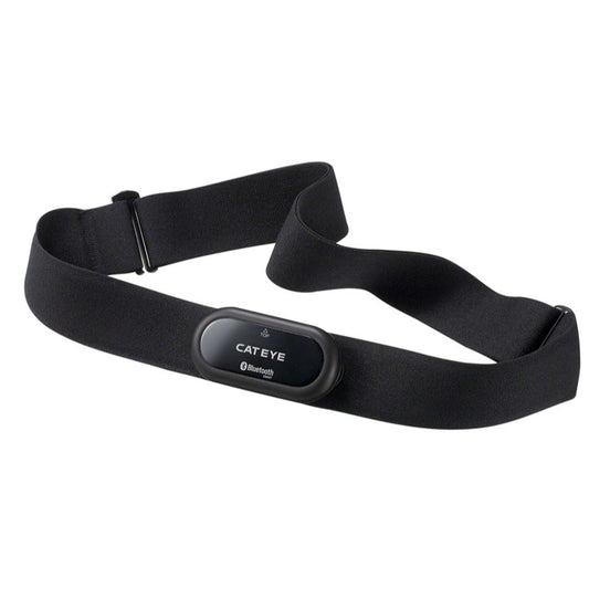 Black CatEye heart rate monitor strap on a white background.