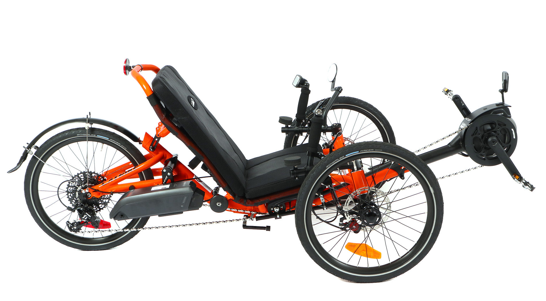 Side view of the Catrike Trail eCat with Bosch Recumbent Trike in Atomic Orange, shown on a white background. Complete with handrests, a rear fender, and an integrated lighting system.