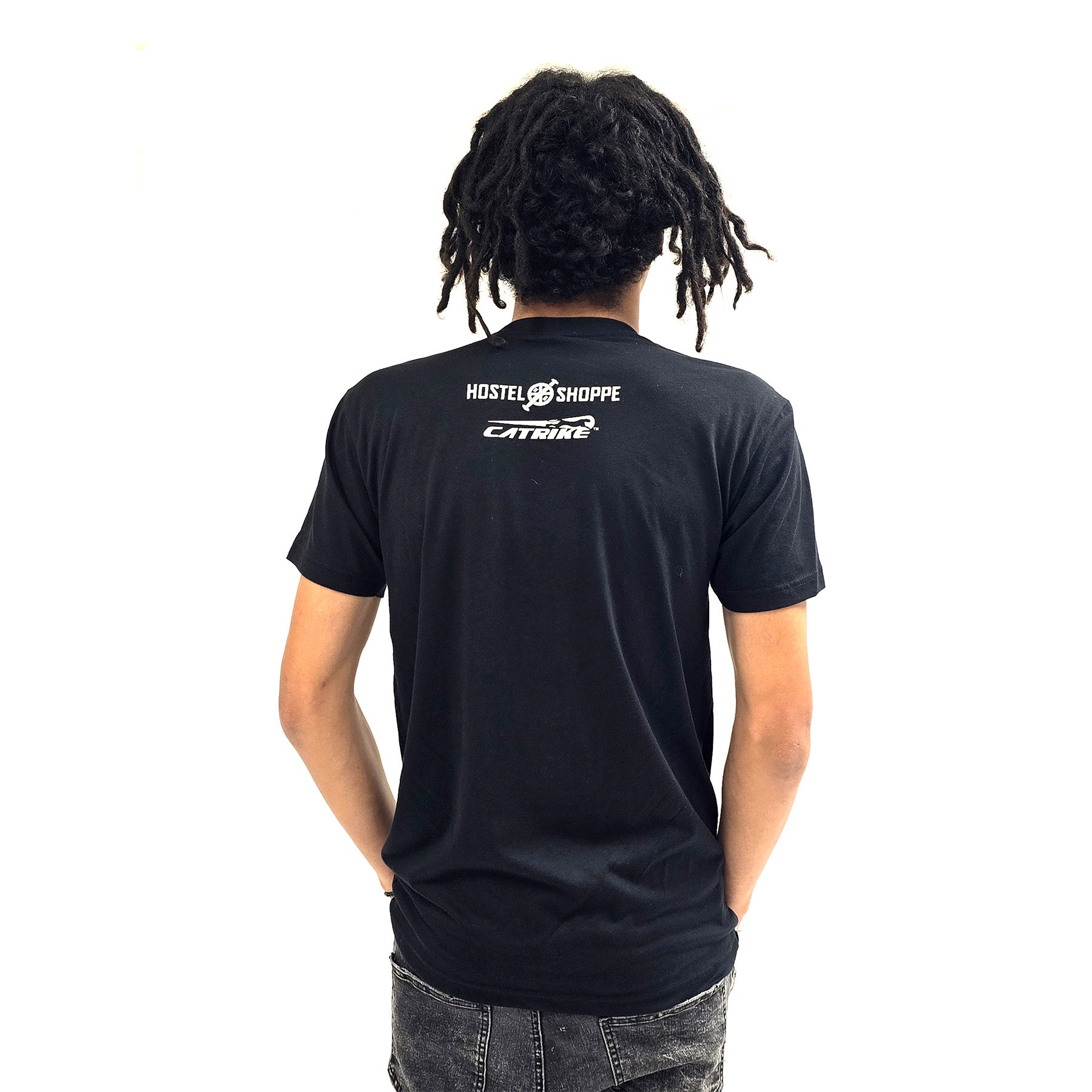 Black t-shirt featuring Hostel Shoppe and Catrike logos on the back.