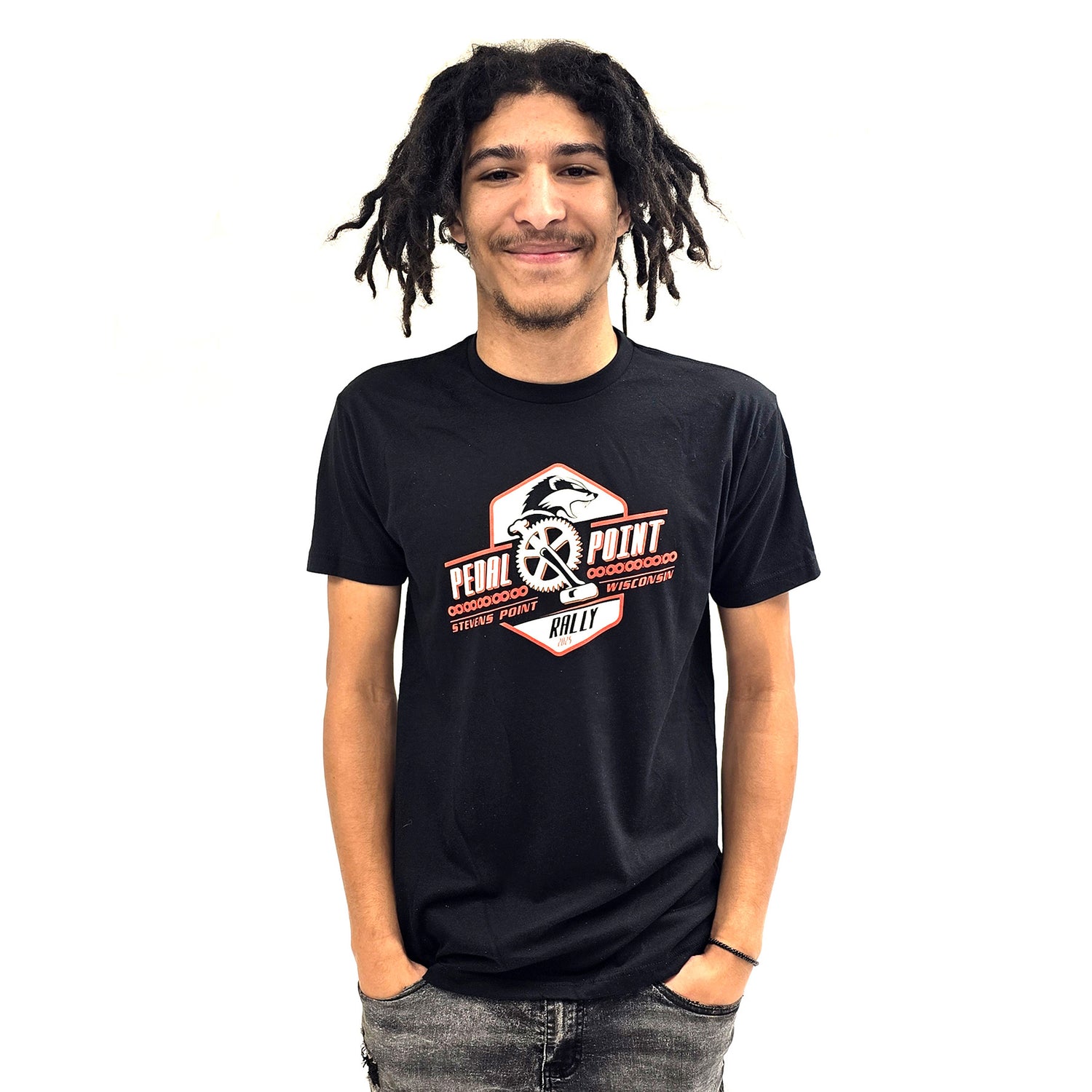 Black t-shirt with Wisconsin badger head featuring Pedal Point Rally text in red and white on the front.