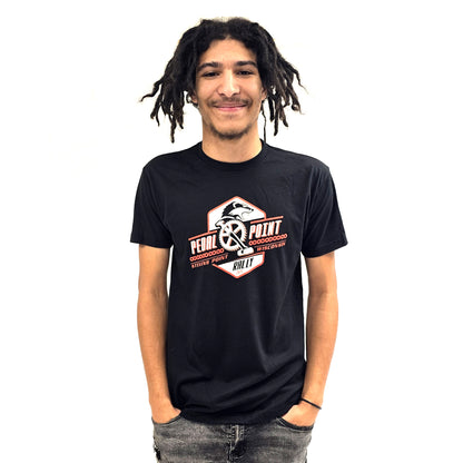 Black t-shirt with Wisconsin badger head featuring Pedal Point Rally text in red and white on the front.