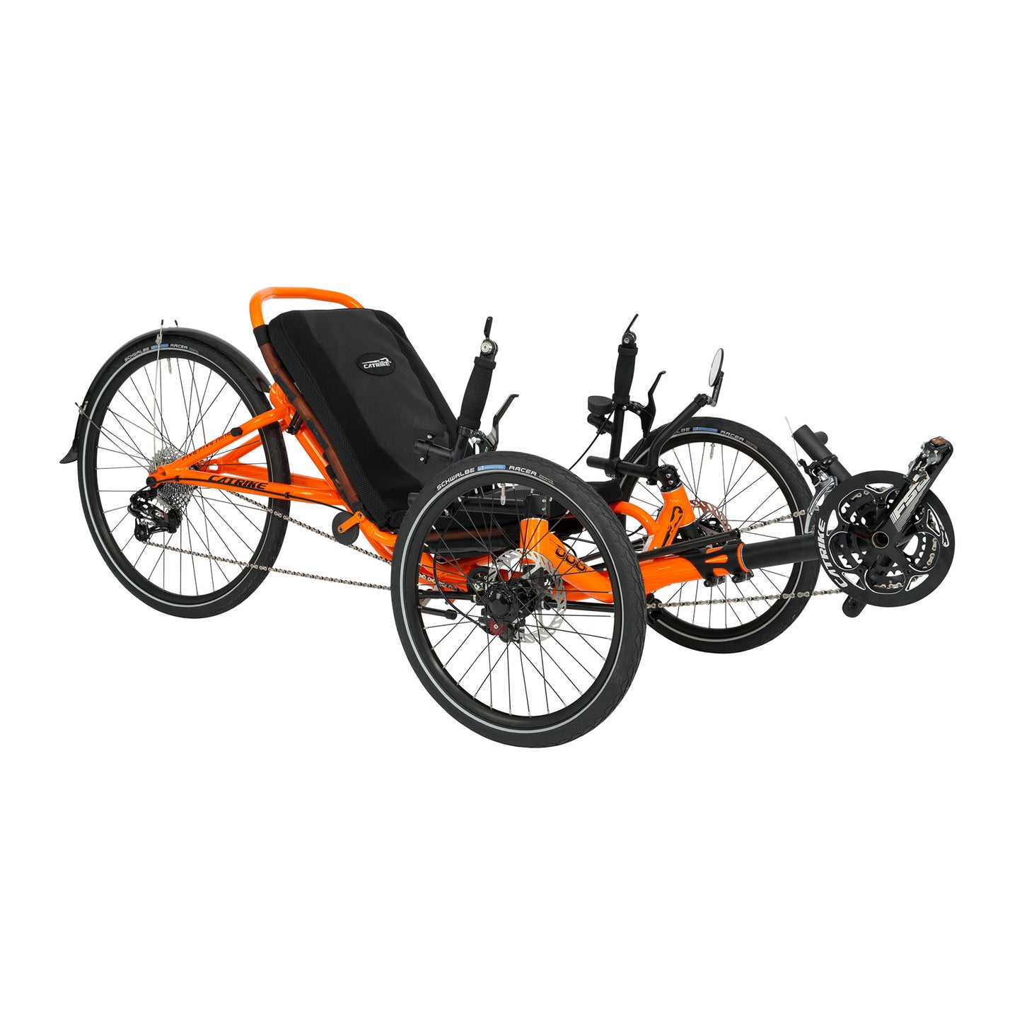 Front angled view of an Atomic Orange Catrike 5.5.9. Recumbent Trike against a white background.