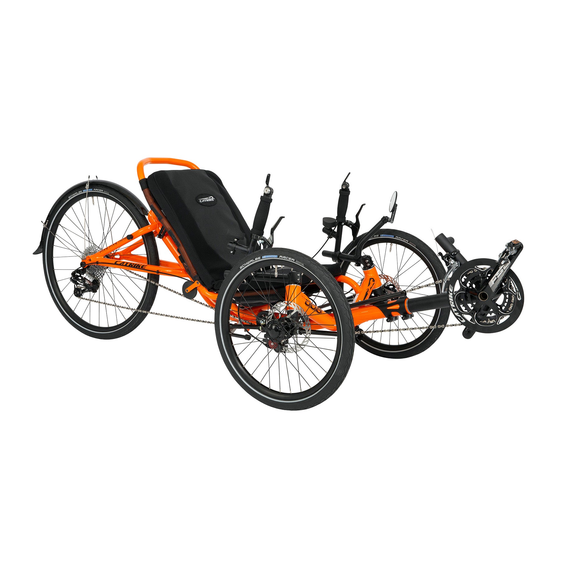 Front angled view of an Atomic Orange Catrike 5.5.9. Recumbent Trike against a white background.