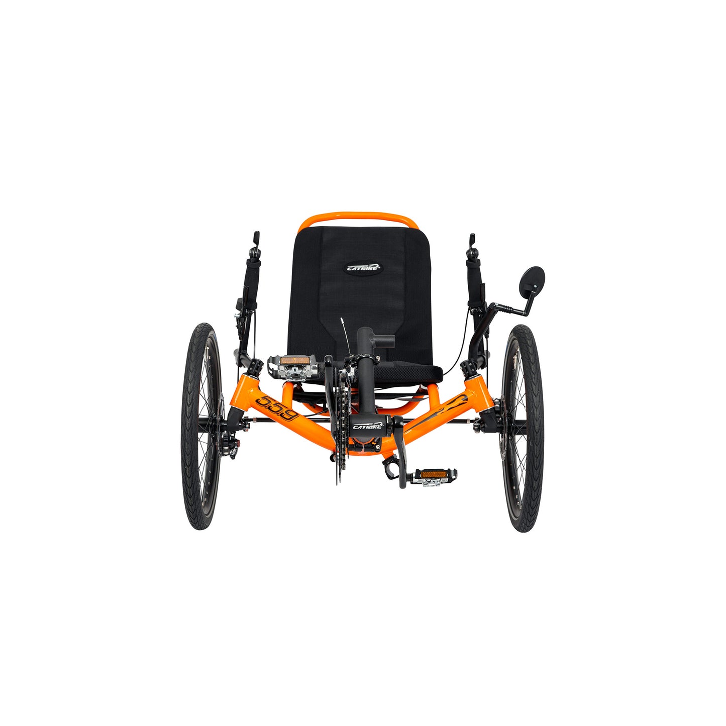 Front view of an Atomic Orange Catrike 5.5.9. Recumbent Trike against a white background.