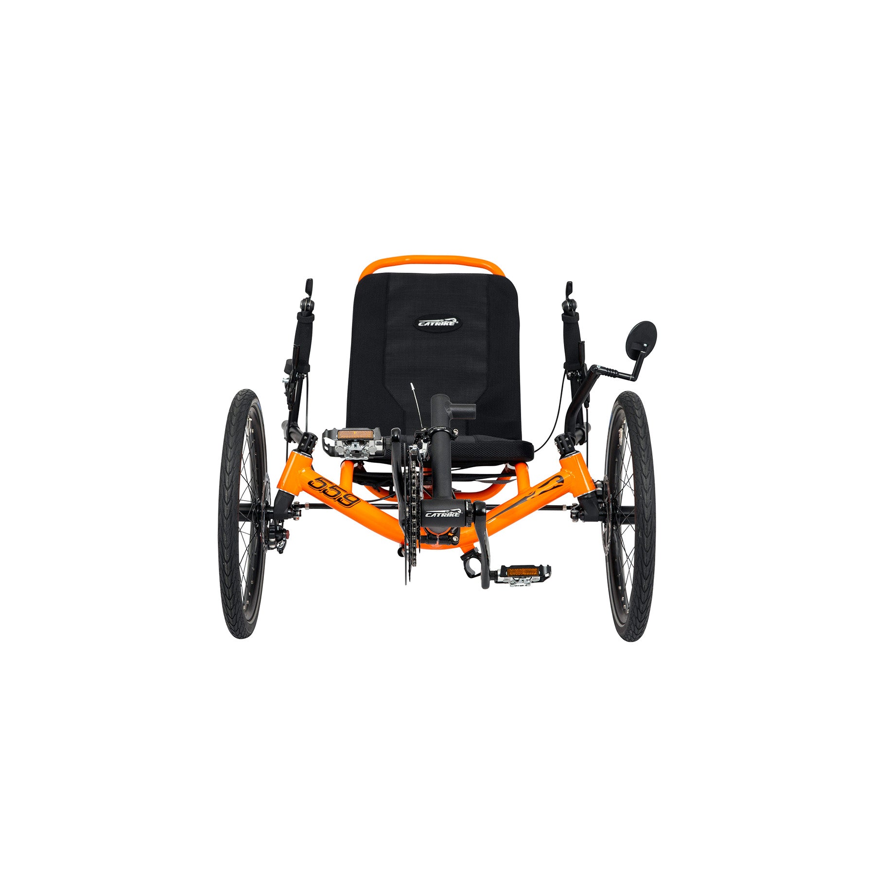 Front view of an Atomic Orange Catrike 5.5.9. Recumbent Trike against a white background.