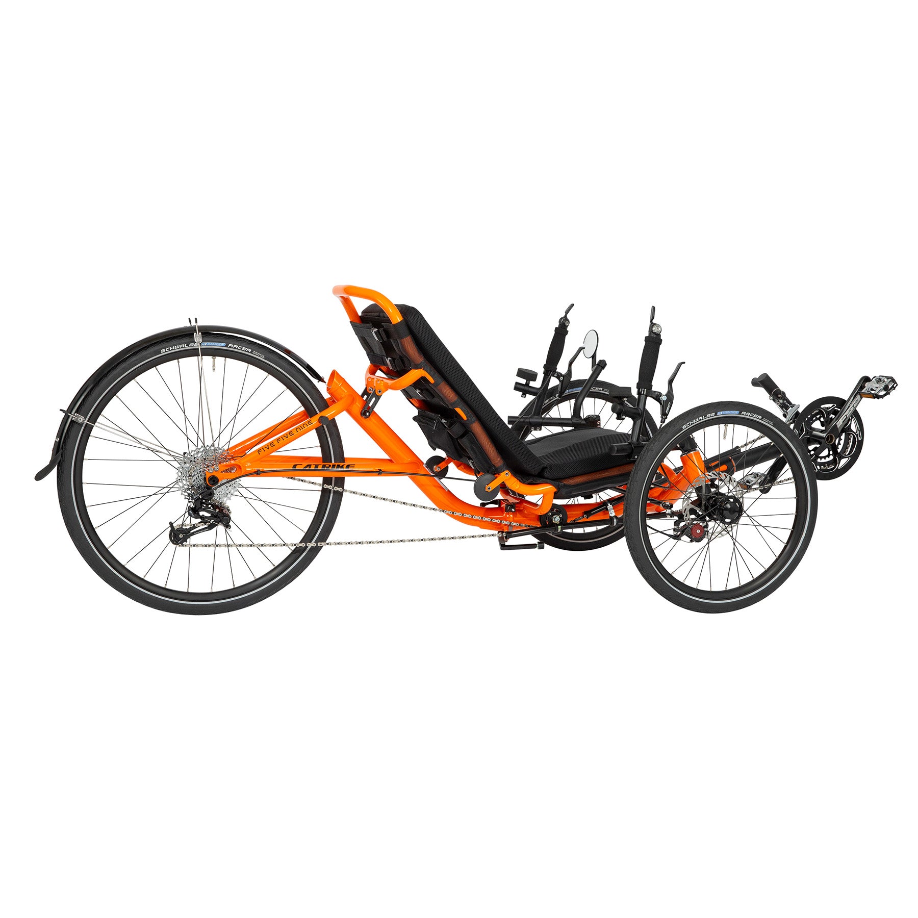 Back angled view of an Atomic Orange Catrike 5.5.9. Recumbent Trike against a white background.