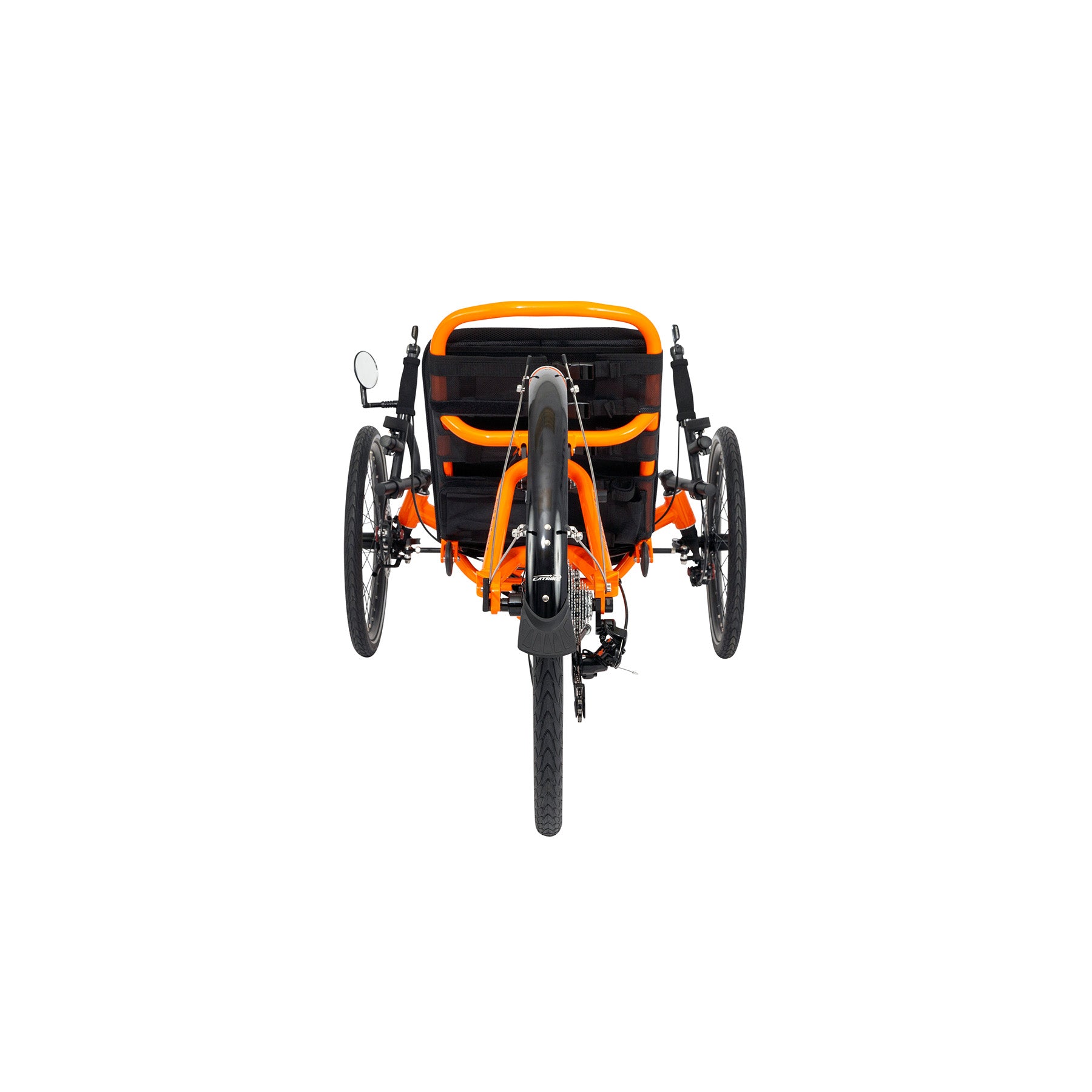 Rear view of an Atomic Orange Catrike 5.5.9. Recumbent Trike against a white background.