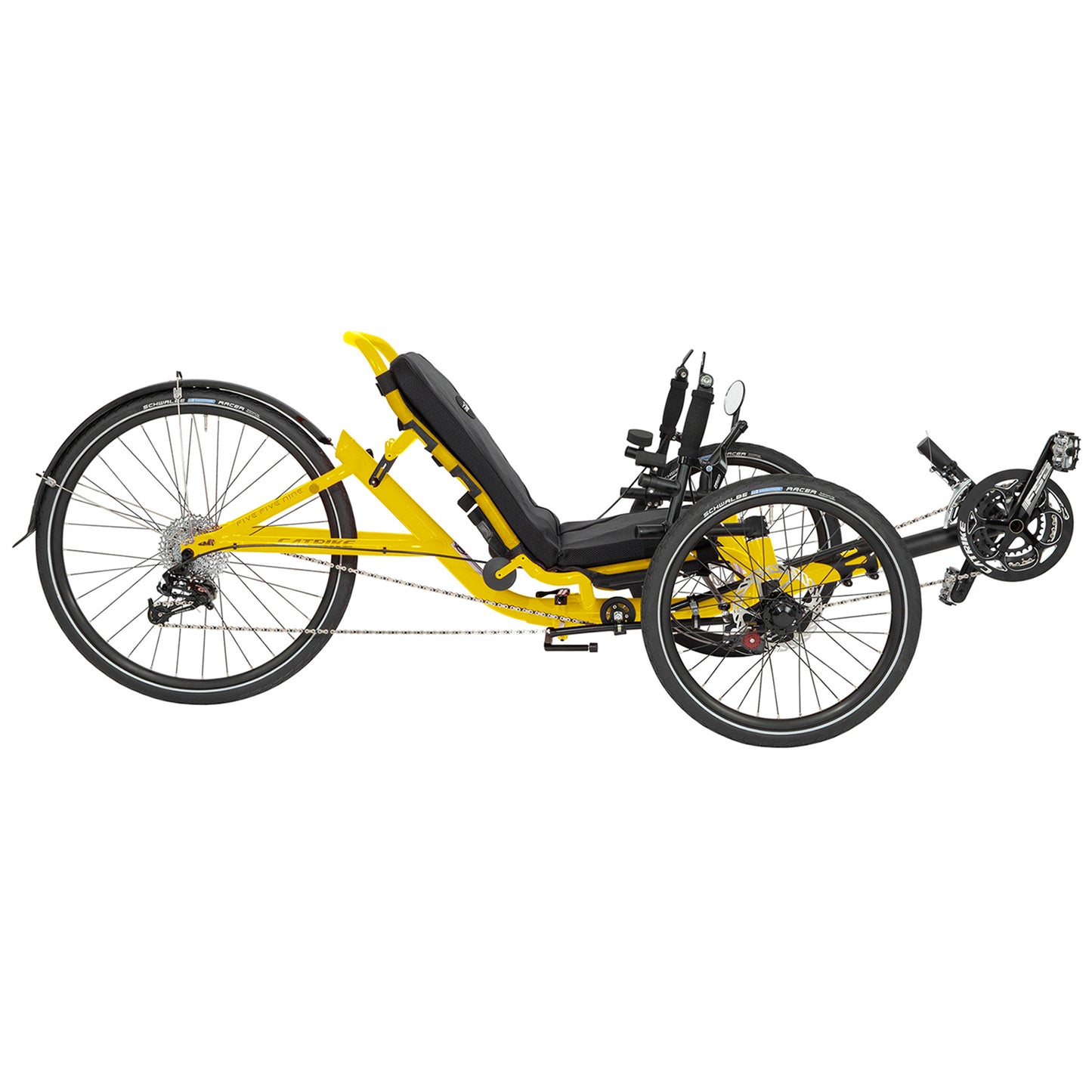 Firefly Yellow Catrike 5.5.9. Recumbent Trike against a white background.