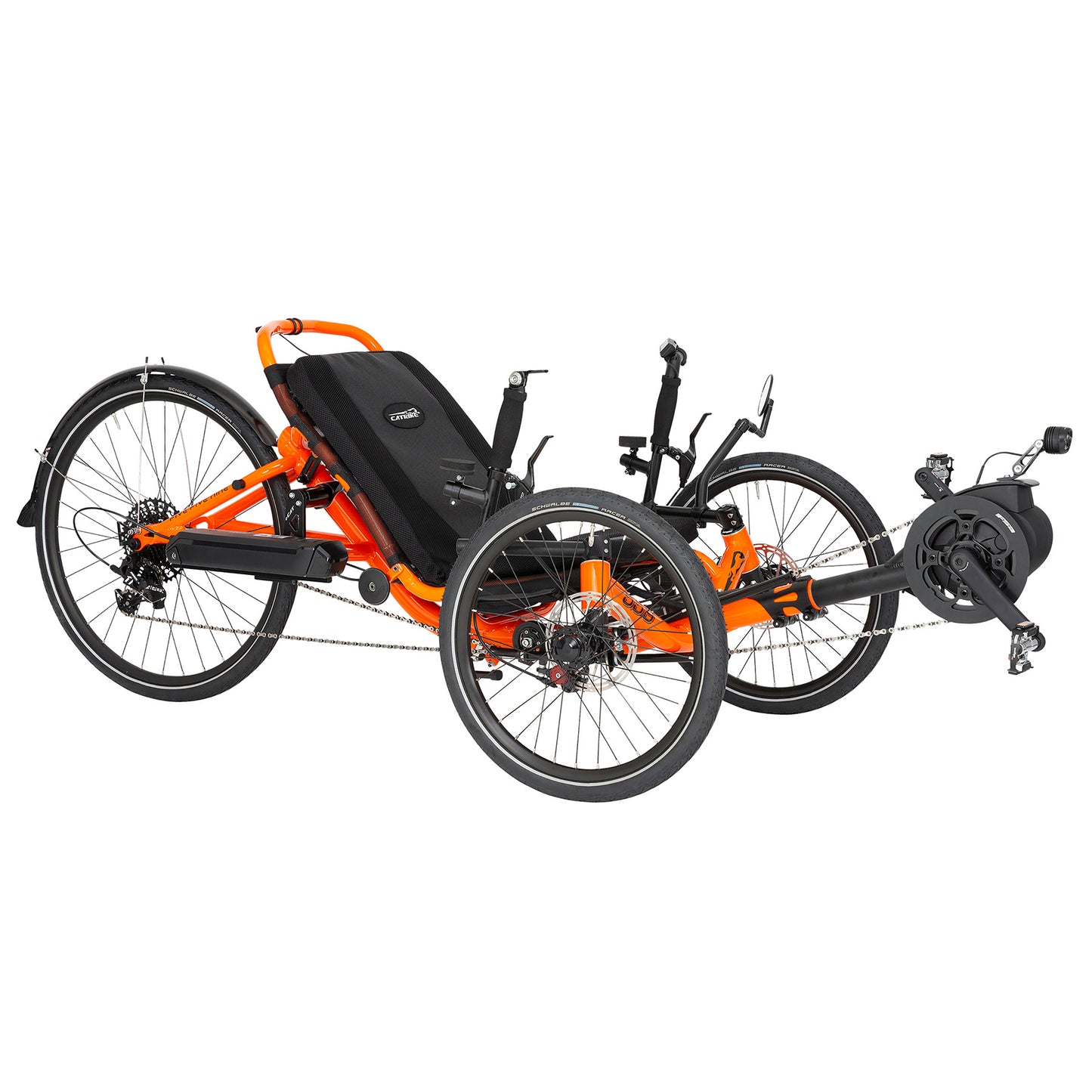 Angled view of the Catrike 5.5.9. e-Cat in Atomic Orange against a white background.