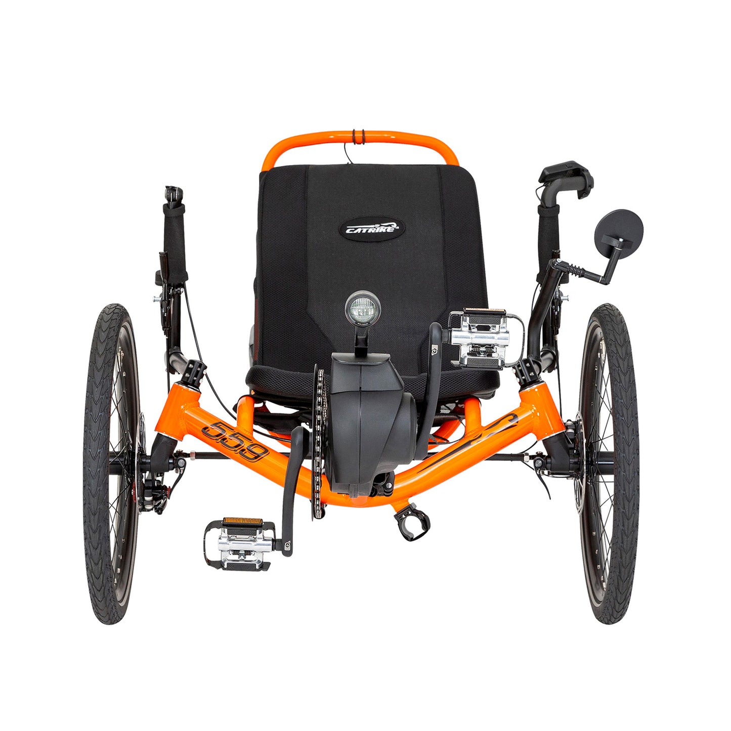 Front view of the Catrike 5.5.9. e-Cat in Atomic Orange against a white background.