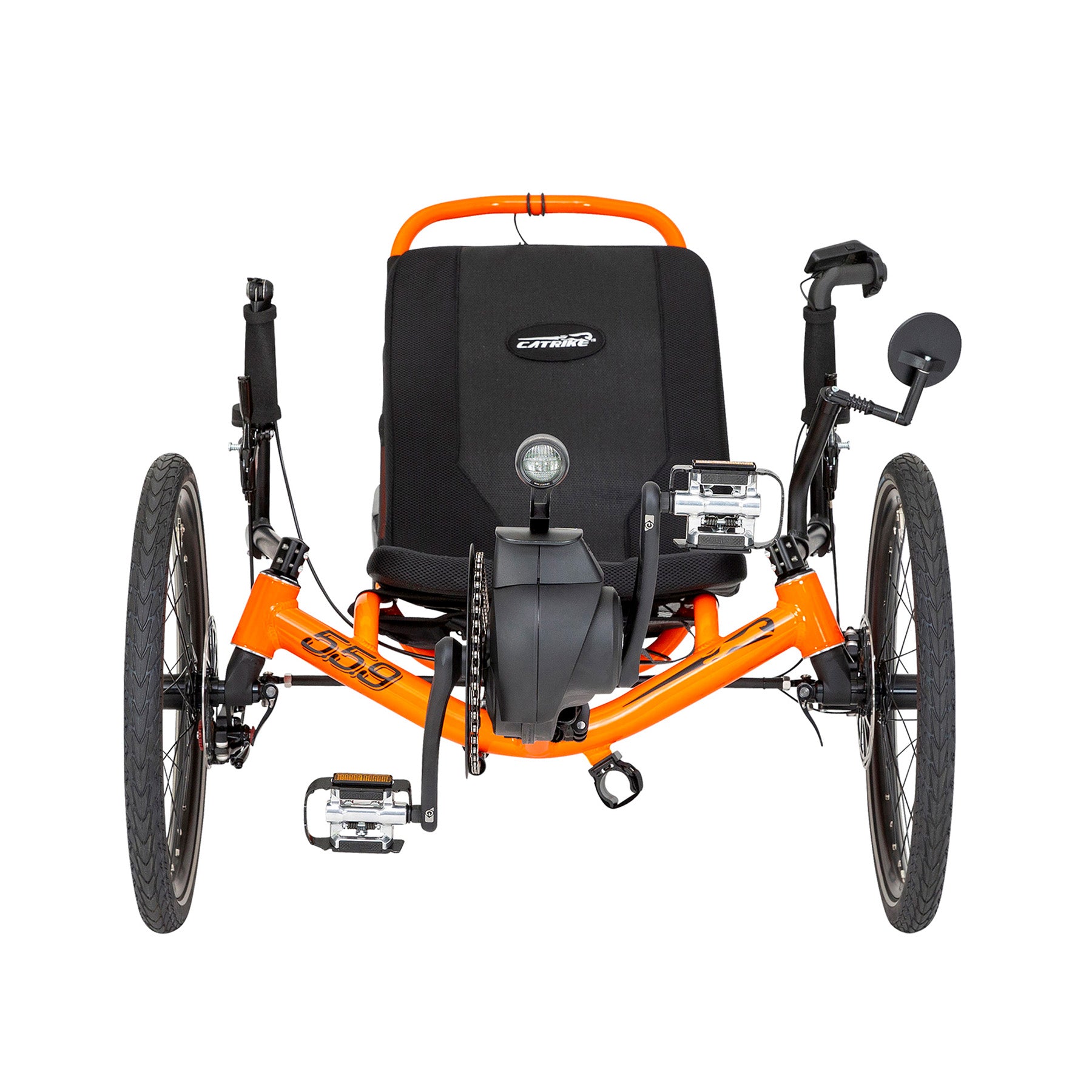 Front view of the Catrike 5.5.9. e-Cat in Atomic Orange against a white background.