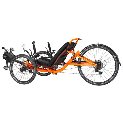 Back angled view of the Catrike 5.5.9. e-Cat in Atomic Orange against a white background.