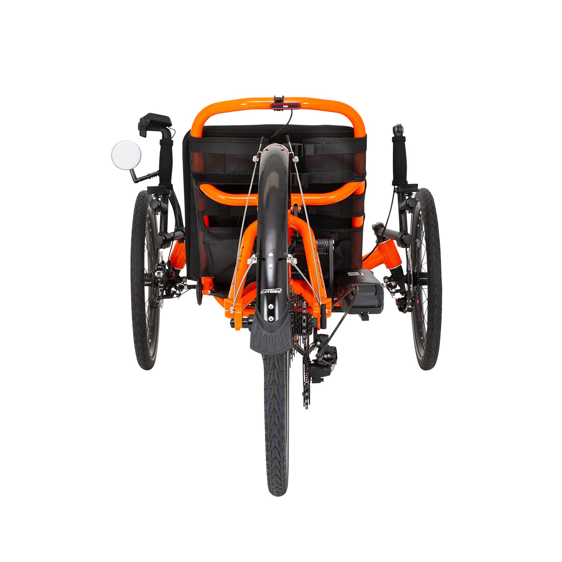 Back view of the Catrike 5.5.9. e-Cat in Atomic Orange against a white background.