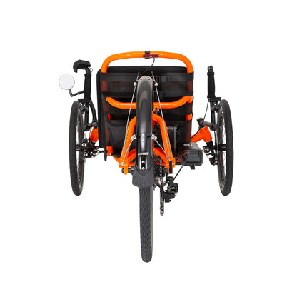 Back view of the Catrike 5.5.9. e-Cat in Atomic Orange against a white background.