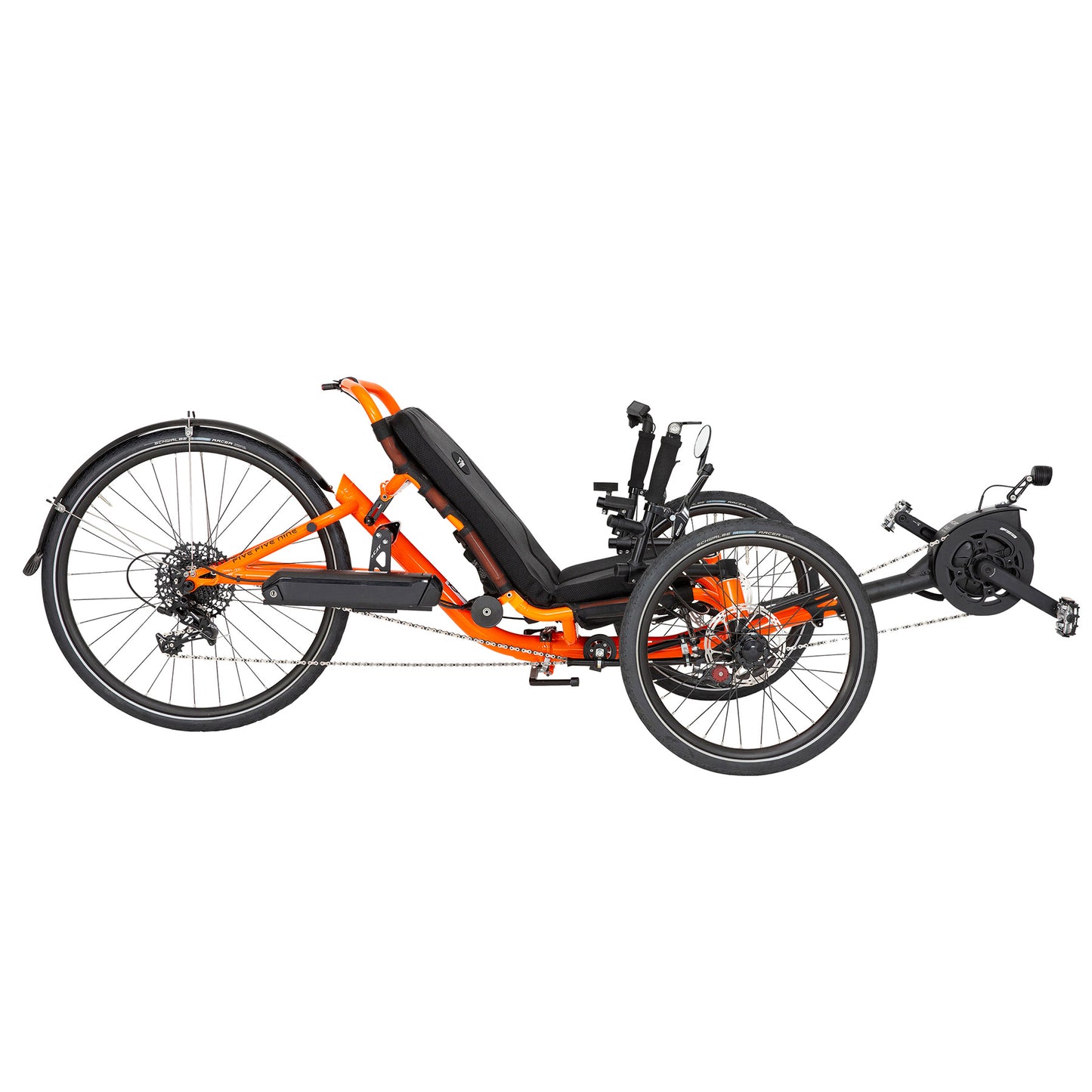 Side view of the Catrike 5.5.9. e-Cat in Atomic Orange against a white background.