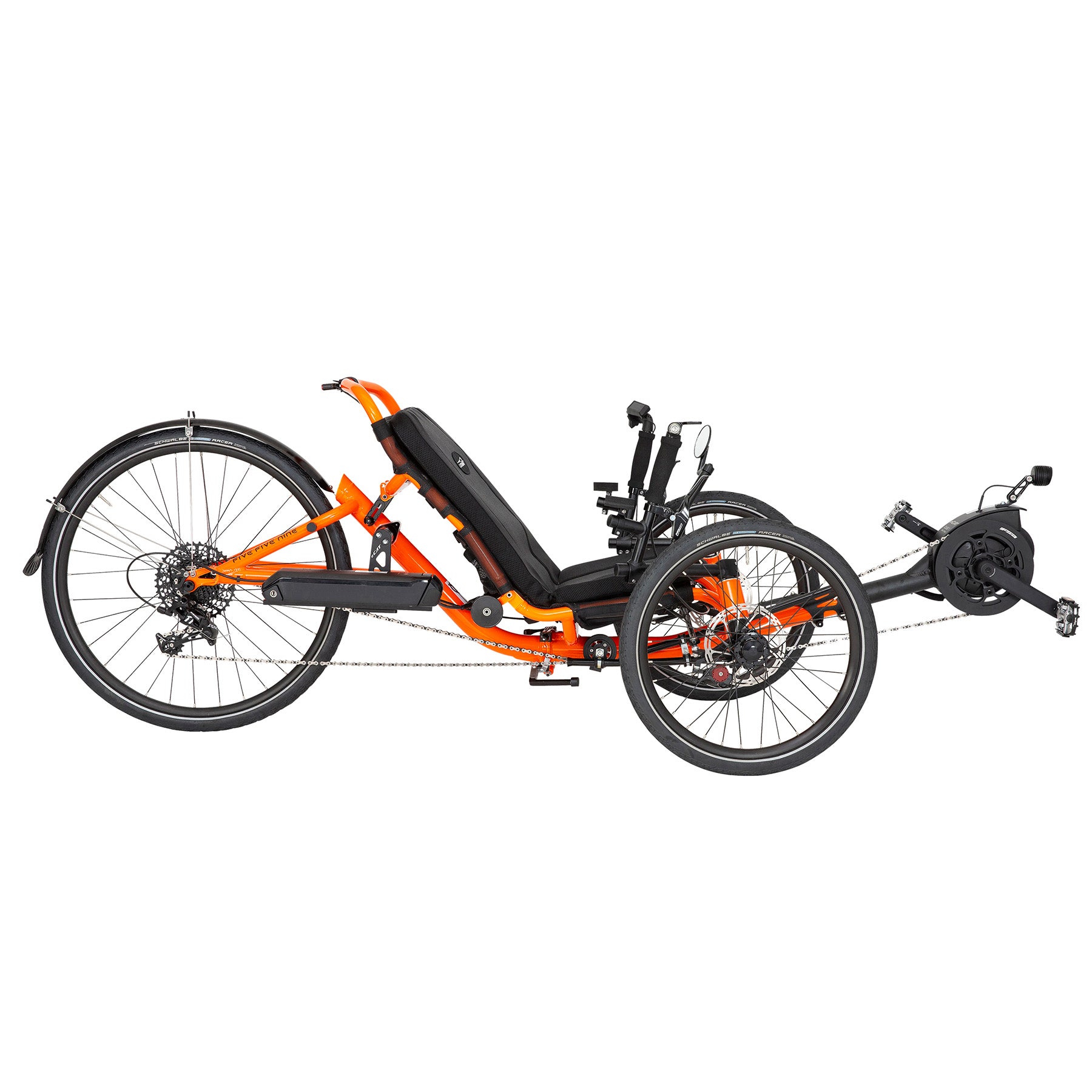 Side view of the Catrike 5.5.9. e-Cat in Atomic Orange against a white background.