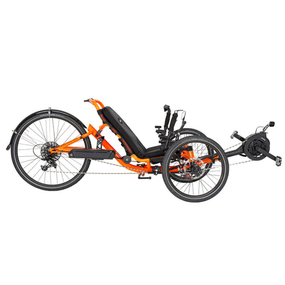 Side view of the Catrike 5.5.9. e-Cat in Atomic Orange against a white background.