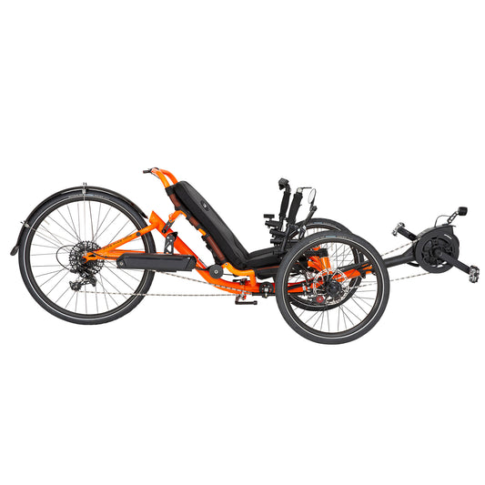 Side view of the Catrike 5.5.9. e-Cat in Atomic Orange against a white background.