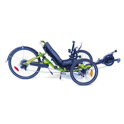 Side view of the Catrike 5.5.9. e-Cat in Eon Green against a white background.