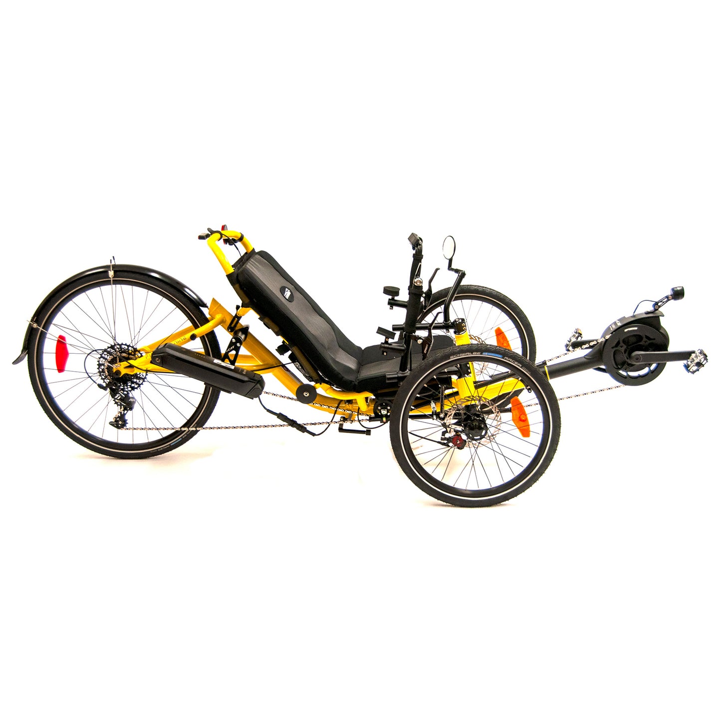 Side view of the Catrike 5.5.9. e-Cat in Firefly Yellow against a white background.