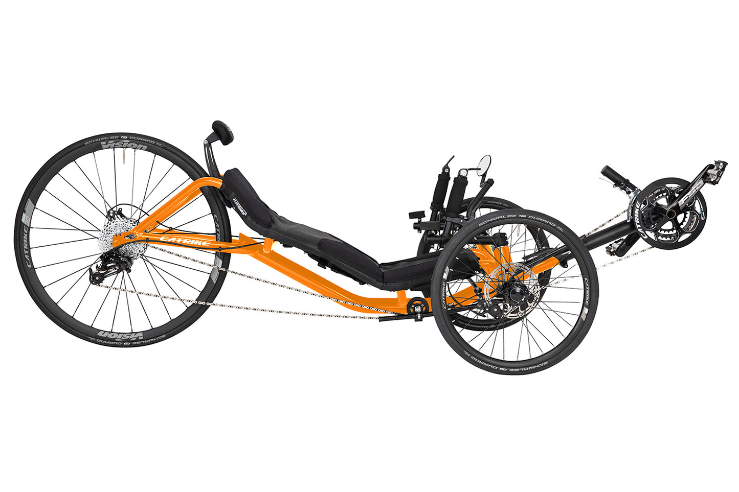 Side view of the Catike 700 Recumbent Trike in Atomic Orange against a white background.