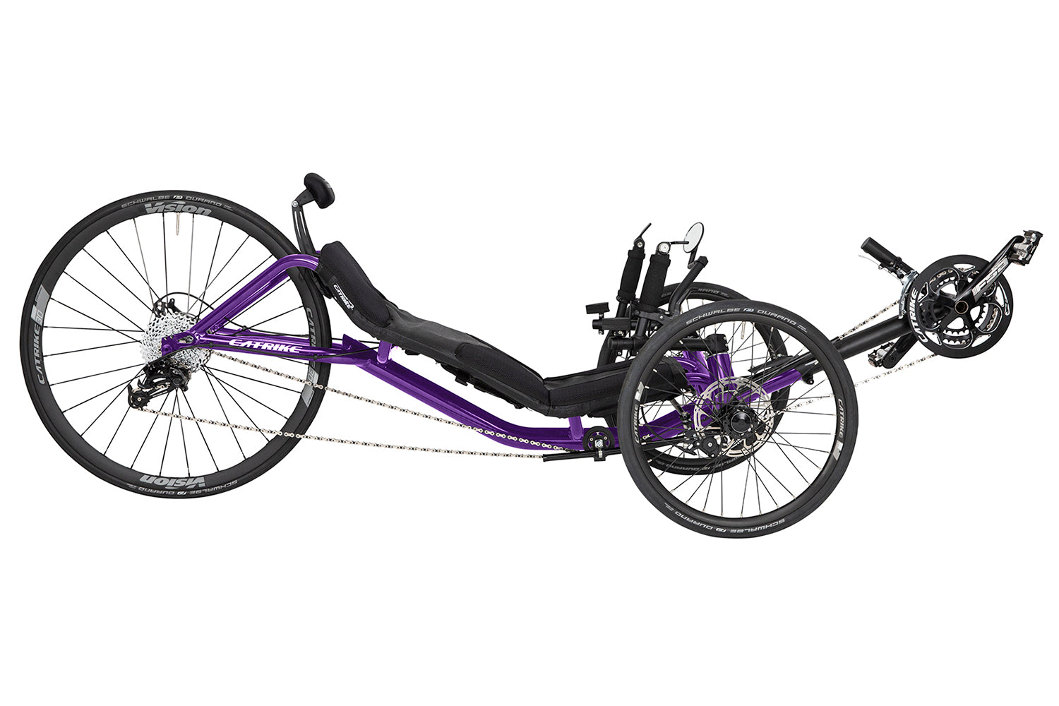 Side view of the Catike 700 Recumbent Trike in Candy Purple against a white background.