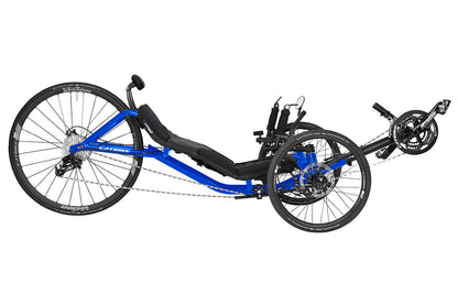 Side view of the Catike 700 Recumbent Trike in Electric Blue against a white background.