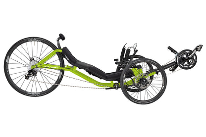 Side view of the Catike 700 Recumbent Trike in Eon Green against a white background.