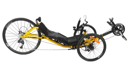 Side view of the Catike 700 Recumbent Trike in Firefly Yellow against a white background.